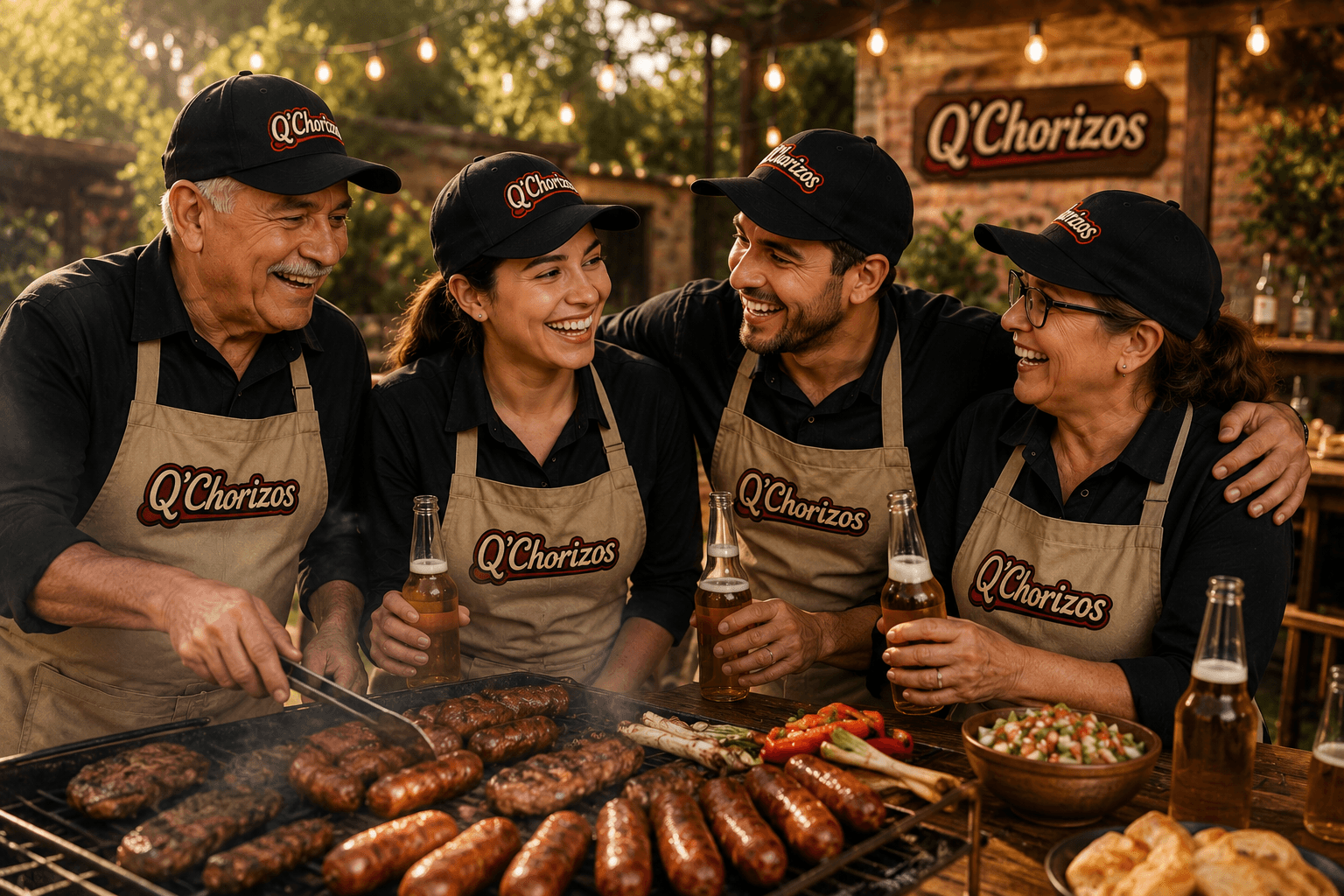 Asado al aire libre con amigos disfrutando chorizos