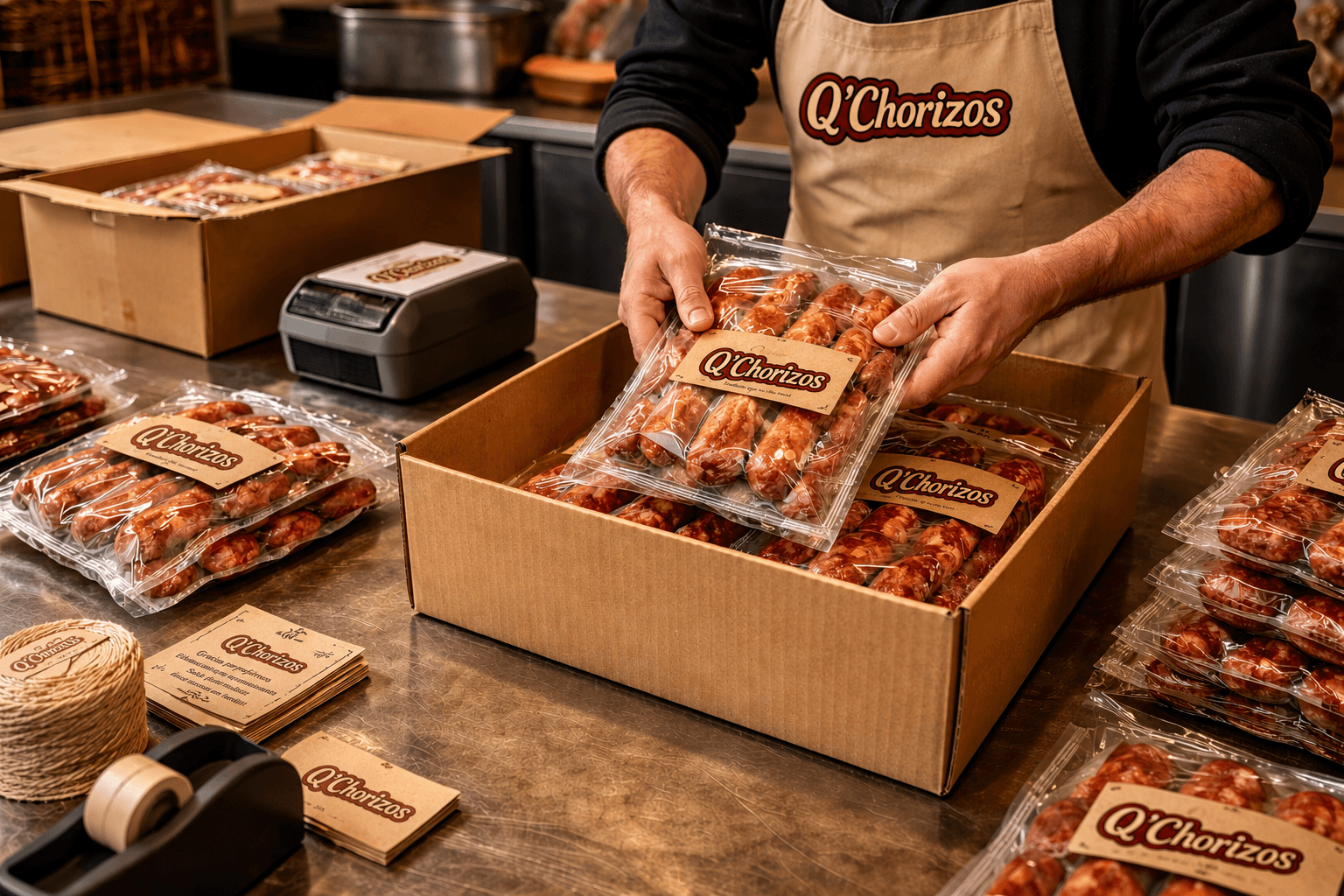 Empaque cuidadoso de pedidos de chorizos