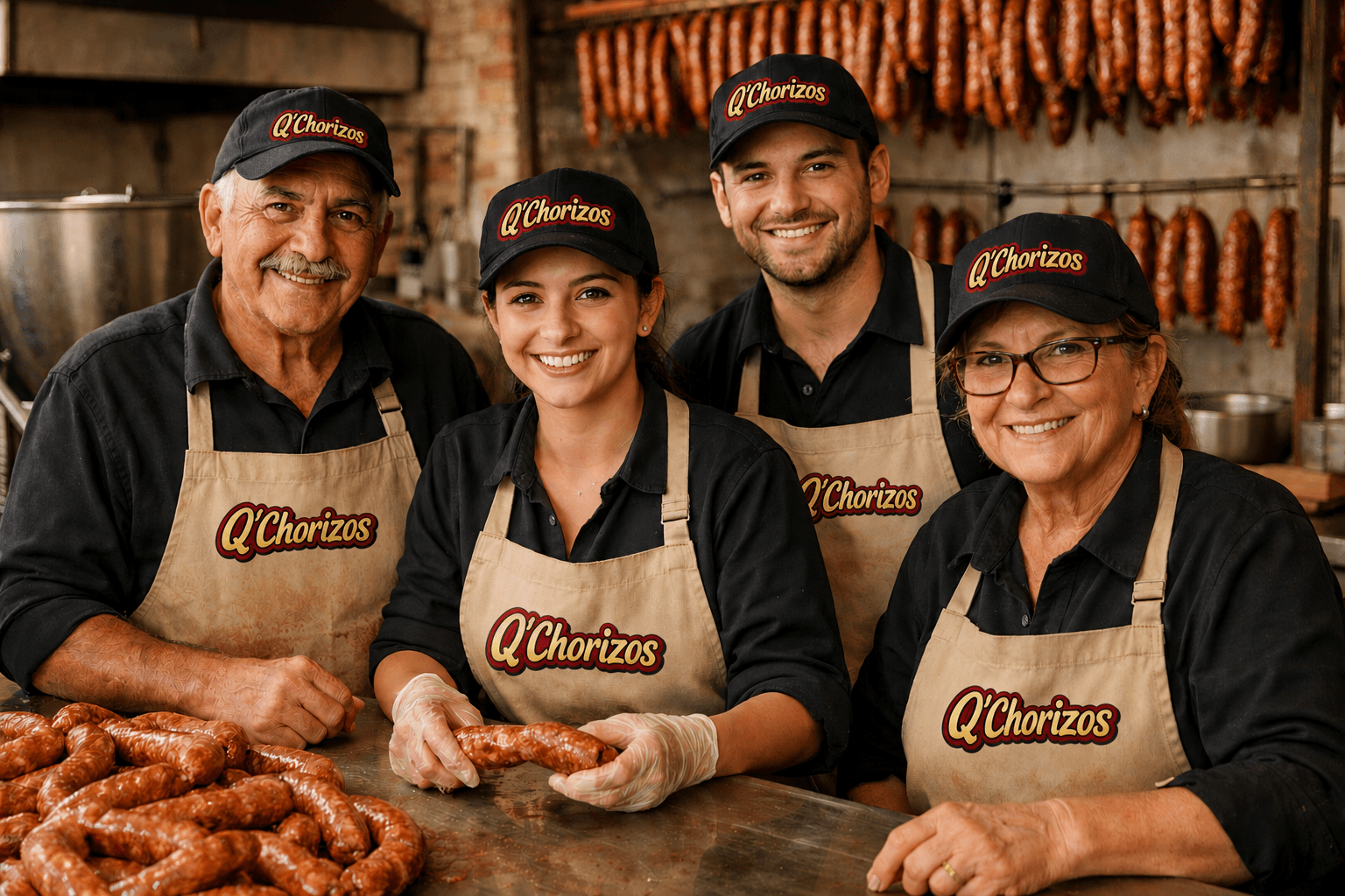 Equipo de trabajo Q' Chorizos con uniforme y logo