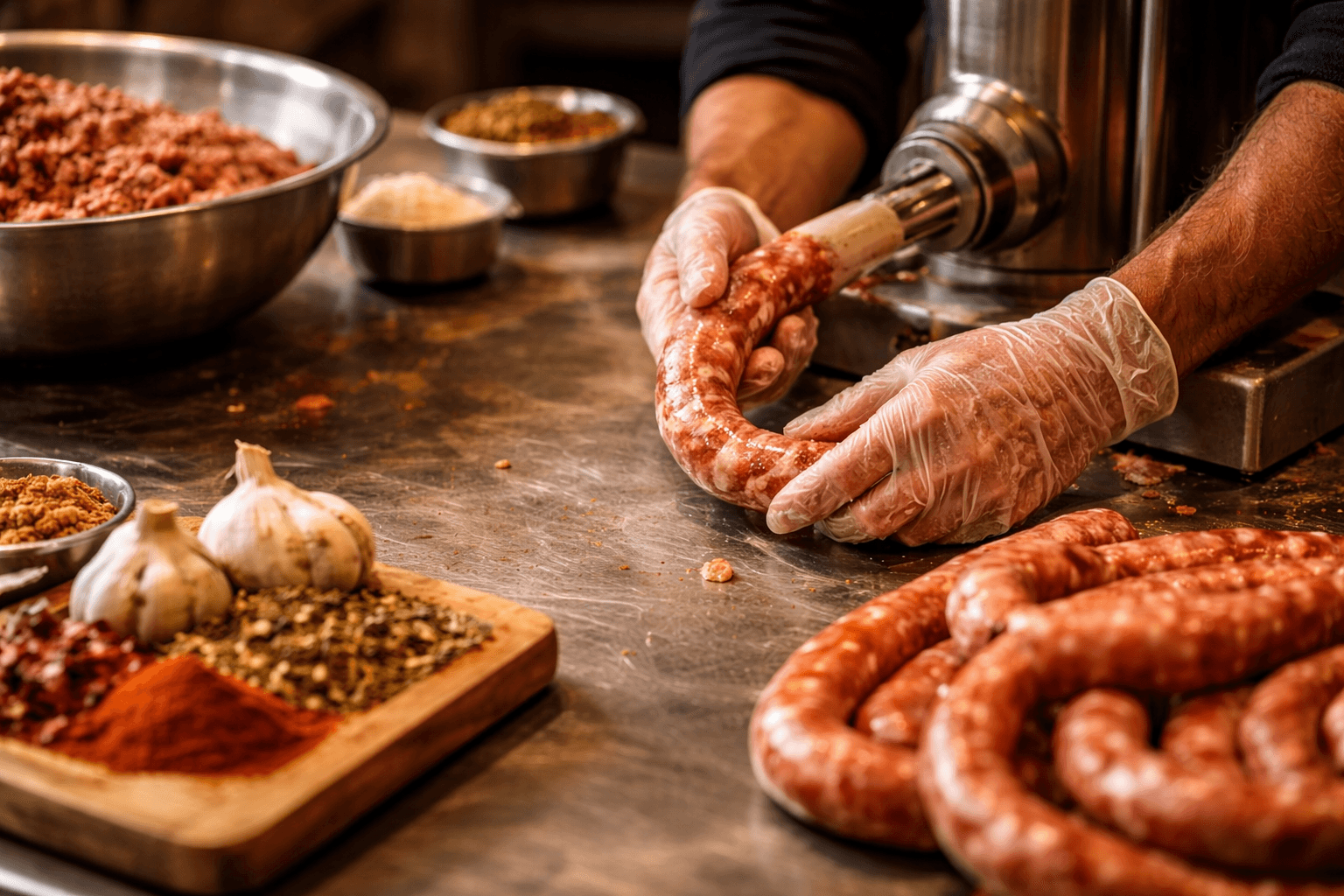 Manos trabajando el chorizo artesanalmente